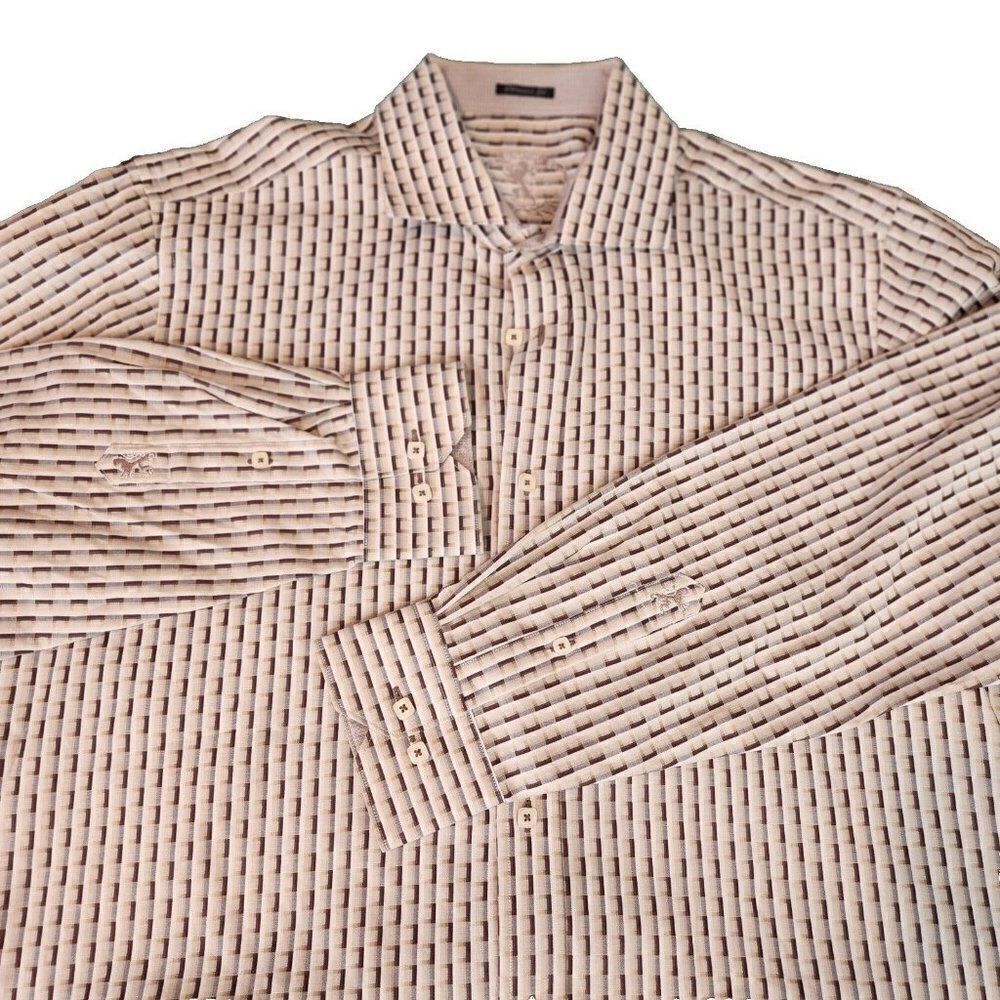 Bugatchi Mens Dress Shirt Brown Beige Geometric Size L